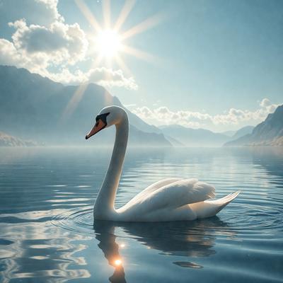 The primary subject of the image is a white swan floating on a body of water. The swan is the main focus of the image, and it appears to be enjoying its time in the water. The setting is a serene lake, with mountains visible in the background. The visual style of the image is a photo, capturing the beauty of the swan and its natural surroundings. The colors in the image are predominantly shades of blue and white, creating a calm and peaceful atmosphere.
